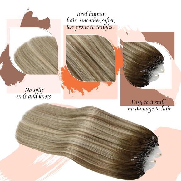 HUMAN HAIR Micro Bead Extensions Light Brown Balayage Ash Brown w/ Highlights - Picture 4 of 12